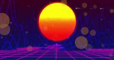 Deniz ve güneş üzerindeki şekiller. Geçmişe dönük gelecek ve dijital arayüz konsepti dijital olarak oluşturuldu.