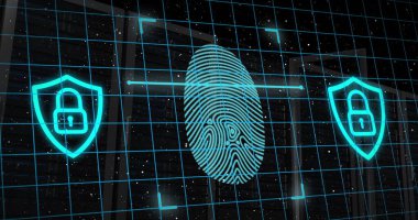 Kalkanda parmak izi ve asma kilit resmi. Arka planda sunucu rafları var. Dijital bileşik, çoklu pozlama, biyometrik, koruma, veri merkezi, ağ ve teknoloji kavramı.