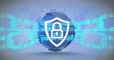 Kalkandaki asma kilit görüntüsü, soyut arka plandaki metinler üzerindeki engelleme zinciri. Dijital olarak üretilmiş, hologram, kripto para birimi, bankacılık, koruma, küreselleşme ve teknoloji kavramı.