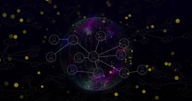 Bağlantılar üzerindeki noktaların ve siyah arkaplandaki kürenin görüntüsü. Küresel veri işleme, ağ, bağlantılar ve dijital olarak oluşturulmuş görüntü konsepti.