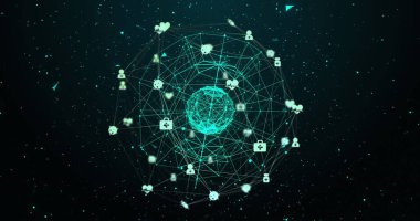 Siyah arkaplandaki dünya ve bağlantı ağının resmi. küresel bağlantılar, hesaplama ve dijital arayüz konsepti dijital olarak oluşturulmuş resim.