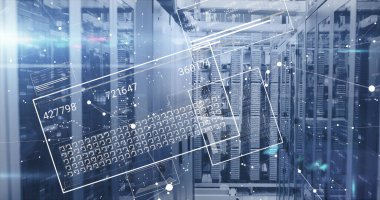 Sunucu odasındaki veri işleme ve şekillerin resmi. Küresel teknoloji bağlantıları ve dijital arayüz konsepti dijital olarak oluşturuldu.