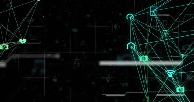 Küre oluşturan çizgiler ve hareket eden programlama dili ile bağlantılı birden fazla simgenin görüntüsü. Dijital olarak üretilmiş, kodlama, ağ, uygulamalar, telekomünikasyon, küreselleşme ve teknoloji.