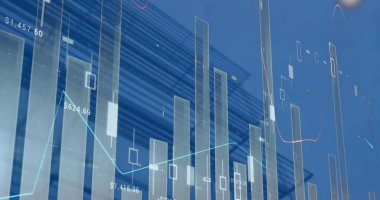 Modern bina üzerinde finansal veri işleme görüntüsü. Küresel iş, finans ve dijital arayüz kavramı dijital olarak oluşturulmuş görüntü.