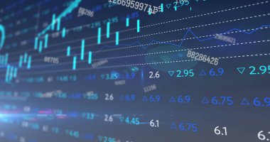Mavi arka planda istatistiksel ve borsa veri işleme üzerinden rakamları değiştirme görüntüsü. Küresel ekonomi ve iş veri teknolojisi kavramı