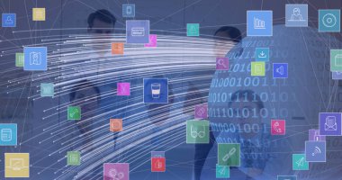 İş adamlarının üzerindeki simgelerle olan bağlantı ağının küresel görüntüsü. küresel iş, çevrimiçi bağlantılar, dijital arayüz ve dijital olarak oluşturulan iletişim konsepti.