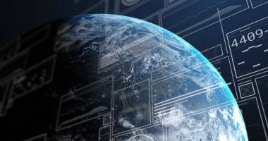 Grafiklerin görüntüsü, değişen numaralar yükleme çubukları, soyut arkaplan üzerinde daireler. Dijital olarak üretilmiş, hologram, büyüme, rapor, iş, ilerleme, küreselleşme kavramı.