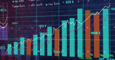 Mavi arka planda istatistiksel ve borsa veri işleme görüntüsü. Küresel ekonomi ve iş veri teknolojisi kavramı