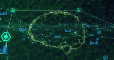 Veri işleme yerine beynin görüntüsü. küresel iş ve dijital arayüz kavramı dijital olarak oluşturulmuş görüntü.