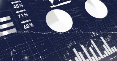 Mavi arkaplan üzerinde istatistiksel veri işleme resmi. Bilgisayar arayüzü ve iş veri teknolojisi kavramı