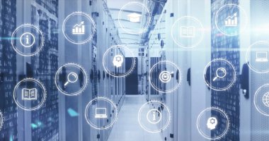 İş, medya ve eğitim simgeleri bilgisayar sunucu odasında veri işliyor. İletişim ağı, veri ve dijital arayüz teknolojisi, dijital olarak oluşturulmuş resim.