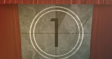 Geri sayımda kırmızı perde görüntüsü. Soyut arkaplan, şablon ve dijital arayüz kavramı dijital olarak oluşturuldu.