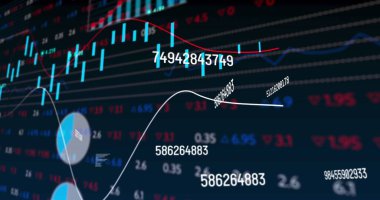 Mavi arka planda istatistiksel ve borsa veri işleme üzerinden rakamları değiştirme görüntüsü. Küresel ekonomi ve iş veri teknolojisi kavramı