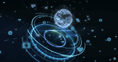 Kapsam taraması ve siyah arkaplan üzerindeki simgelerin görüntüsü. küresel bağlantılar, hesaplama ve dijital arayüz konsepti dijital olarak oluşturulmuş resim.