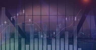 Ofis penceresinden şehir manzarasına karşı istatistiksel veri işleme. Siber güvenlik ve iş teknolojisi kavramı