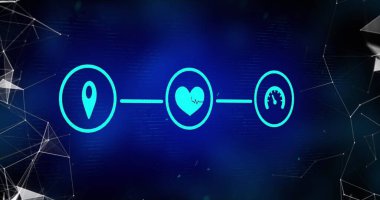 Bağlantılar ve veri işleme ağına sahip simgelerin resmi. Küresel ağlar, hesaplama ve veri işleme kavramı dijital olarak oluşturulmuş resim.