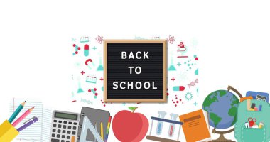 Beyaz arka planda birden fazla okul konsepti simgesine karşı ahşap tahtayla ilgili okul metnine geri dönelim. Okula ve eğitim konseptine dönüş