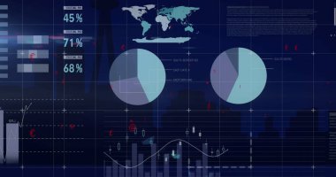 Ekranda istatistik ve veri işleme resimleri. Küresel iş iletişimi ve dijital arayüz konsepti dijital olarak oluşturulmuş görüntü.