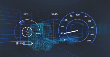 Image of scope scanning and data processing over stock market on black background. Global digital security and identity digital interface and data processing concept digitally generated image.