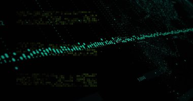 Siyah arkaplana karşı veri işleme ve mozaik karelerin görüntüsü. Bilgisayar arayüzü ve iş teknolojisi kavramı