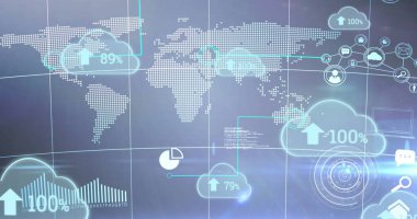 Büyüyen sayıların resmi, veri işleme ve kara arkaplan üzerindeki dünya haritası. küresel iş, finans ve dijital arayüz kavramı dijital olarak oluşturulmuş görüntü.