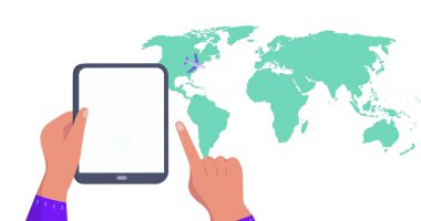 Image of world map over hands using tablet. Social media, travel and digital interface concept digitally generated image.