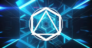 Neon tüneli üzerinde beyaz şekiller. Soyut arkaplan, ışık ve hareket kavramı dijital olarak oluşturulmuş görüntü.