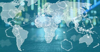Dünya haritası ve yeşil arkaplan üzerinde grafik ve kimyasal formüller. Finans, ekonomi, bilim ve teknoloji konsepti dijital olarak oluşturulmuş görüntü.