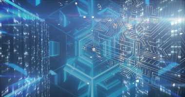 Mavi arkaplandaki veri işleme ve şekillerinin resmi. Dijital arayüz teknolojisi ve ağ konsepti dijital olarak oluşturuldu.