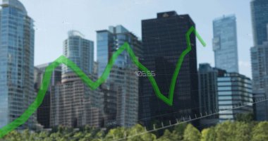 Şehir manzarası üzerindeki finansal grafiklerin resmi. küresel iş, ekonomi ve finans kavramı dijital olarak üretilen imaj.