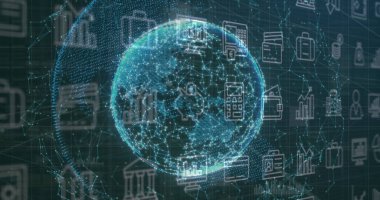 Bağlantı ağları dünyasına karşı çoklu dijital simgelerle arayüz görüntüsü. Bilgisayar arayüzü ve iş teknolojisi kavramı