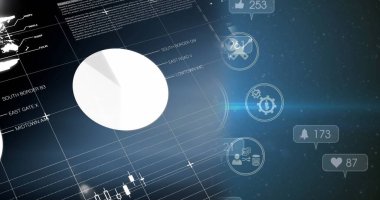 Ortam simgeleri üzerinde veri işleme resmi. Küresel iş ve dijital arayüz kavramı dijital olarak oluşturulmuş görüntü.