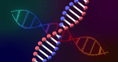 Siyah arka plandaki DNA iplikçiklerinin resmi. Küresel iş ve dijital arayüz kavramı dijital olarak oluşturulmuş görüntü.