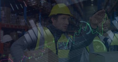 Depodaki beyaz işçilerin veri işleme görüntüsü. Küresel iş ve dijital arayüz kavramı dijital olarak oluşturulmuş görüntü.