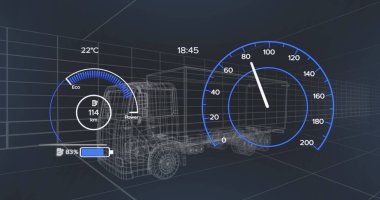 Koyu arkaplan üzerinde 3D araba modeli ve hız göstergesi. Küresel bağlantılar ve veri işleme kavramı dijital resim oluşturuldu.