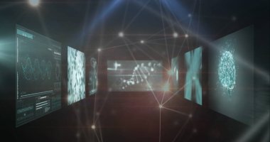 Tıbbi veri işleme ile ekranlara karşı parlayan bağlantı ağının görüntüsü. Küresel ağ ve tıbbi araştırma teknolojisi kavramı