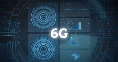 Bilgisayar devre kartında 6G metin ve veri işleme resmi. Küresel hesaplama ve veri işleme kavramı dijital olarak oluşturulmuş resim.