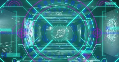 Neon yuvarlak tarayıcı görüntüsü ve tıbbi veri işleme ile ekranlara karşı arayüz. Bilgisayar arayüzü ve tıbbi araştırma teknolojisi kavramı