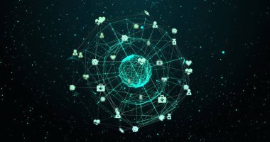 Siyah arkaplan üzerindeki simgelerle bağlantı ağının resmi. küresel bağlantılar, teknoloji ve dijital arayüz kavramı dijital olarak oluşturulmuş görüntü.