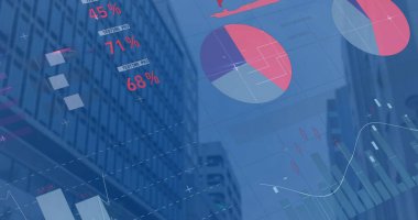 Şehir manzarası üzerinde finansal veri işleme resmi. Küresel iş, finans ve dijital arayüz kavramı dijital olarak oluşturulmuş görüntü.