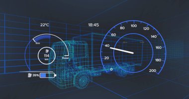 Image of scope scanning and data processing over stock market on black background. Global digital security and identity digital interface and data processing concept digitally generated image.