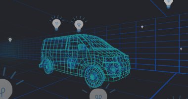 Minibüs görüntüsü. Küresel mühendislik veri işleme ve dijital arayüz konsepti dijital olarak oluşturulmuş resim.
