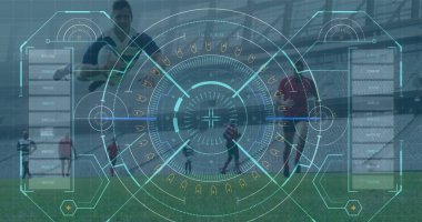 Futbol oyuncularını tarayan dijital arayüz görüntüsü. global spor, rekabet, bağlantılar, veri işleme kavramı dijital olarak oluşturulmuş görüntü.