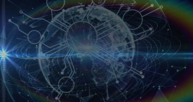 Gökkuşağı merceğinin parlaklığı, mikroişlemci bağlantıları ve bir dünya üzerinde ışık izleri. Küresel ağ ve iş teknolojisi kavramı