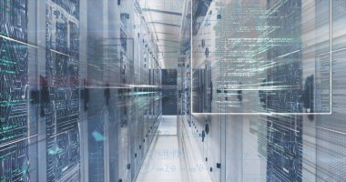 Bilgisayar sunucuları üzerinden bilgisayar veri işleme resmi. Küresel hesaplama ve veri işleme kavramı dijital olarak oluşturulmuş resim.