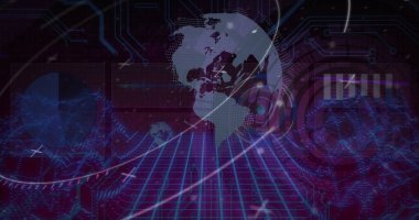 Veri işleme ve kara arkaplanda küreyi tarayan bir kamera görüntüsü. Küresel teknoloji, çevrimiçi güvenlik ve dijital arayüz kavramı dijital olarak oluşturulmuş görüntü.