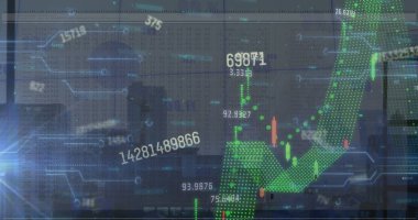 Şehir manzarası üzerinde veri işleme resmi. Küresel teknoloji, bilgisayar ve dijital arayüz kavramı dijital olarak oluşturulmuş görüntü.