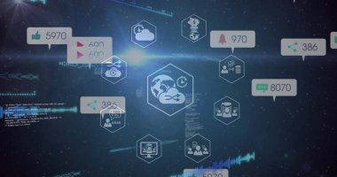 Siyah arkaplan üzerinde veri işleme ve ortam simgeleri resmi. Küresel iş ve dijital arayüz kavramı dijital olarak oluşturulmuş görüntü.