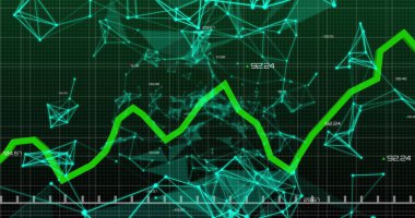 Siyahi arkaplan üzerinden finansal veri işleme ve bağlantı ağlarının resmi. küresel iş, finans ve dijital arayüz kavramı dijital olarak oluşturulmuş görüntü.