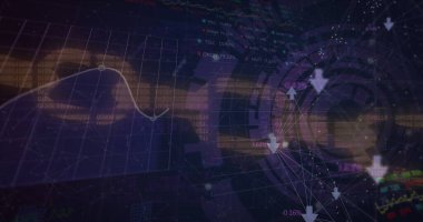 Veri işleme ve kara arkaplandaki bağlantı ağı üzerinden tarama kapsamı resmi. Küresel teknoloji, çevrimiçi güvenlik ve dijital arayüz kavramı dijital olarak oluşturulmuş görüntü.